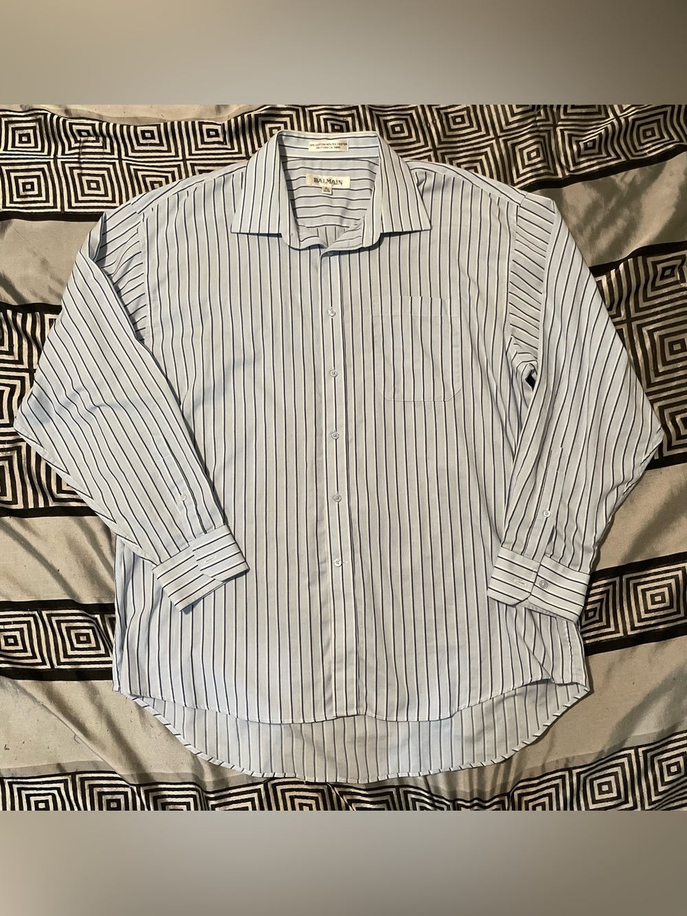 Balmain Men’s Light Blue and Navy Pinstripe Dress Shirt